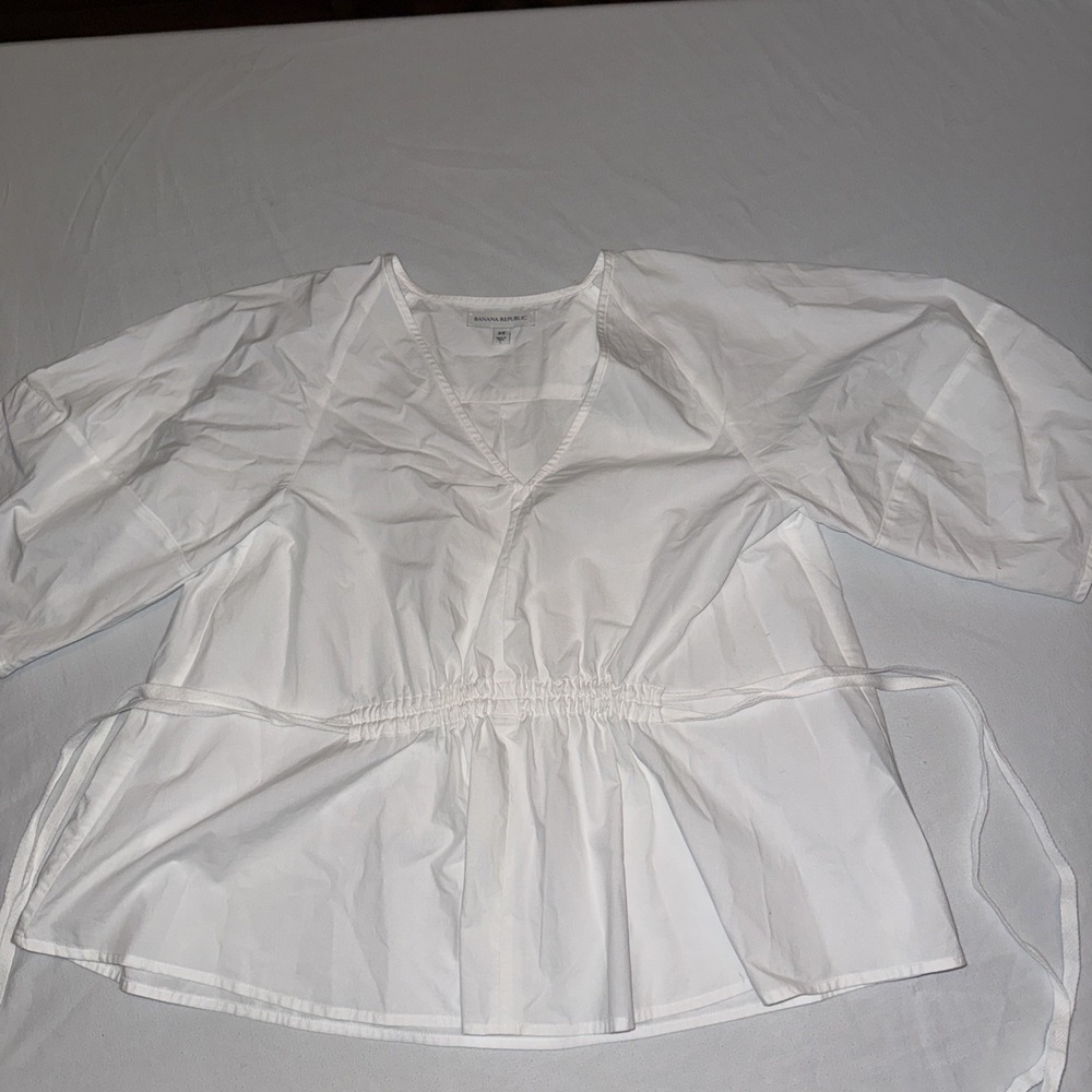 Banana Republic White Cotton Poplin Tie Back Puff Sleeve Peplum Top XS
